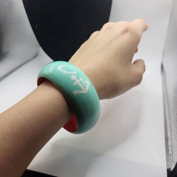 Sailor Style Teal and Red Bangle Bracelet with an Anchor - 1.25" wide - Picture 4 of 4